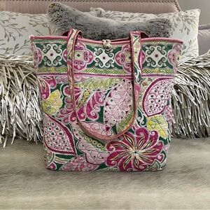 VERA BRADLEY Pinwheel Pink Medium Button Top Tote Green Paisley Floral REPAIRED